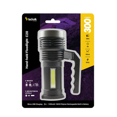 Technik håndholdt projektør C20 XPE+COB LED 300 lumen genopladelig 18650 batteri USB IPX2 Hvid