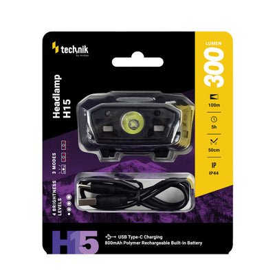 Technik Pandelygte H15 genopladelig LED 300 lumen IP44 med USB Type-C og bevægelsessensor