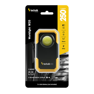 Technik LED lommelygte W20 COB 250 lumen, drevet af 3xAAA, Hvid plastkrop, IPX2 med magnet og clips