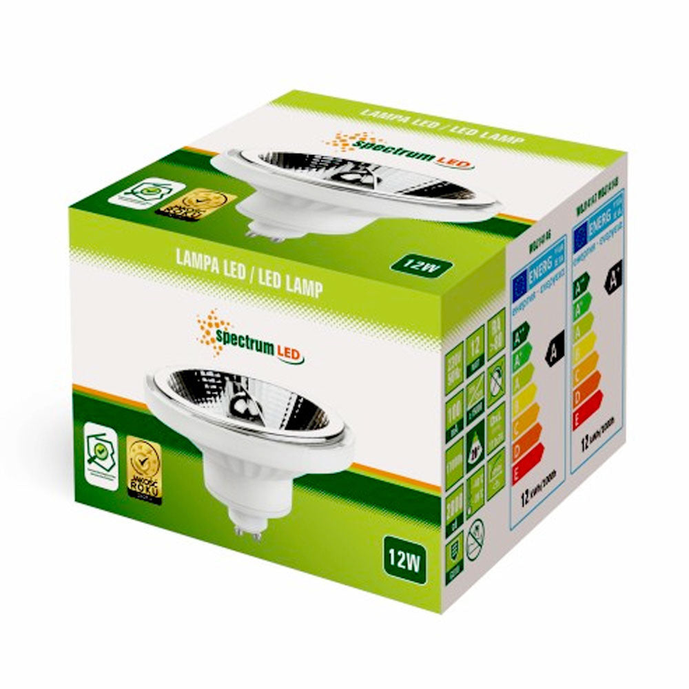 Spectrum LED Spot GU10 AR111 12W 3000K Varm Hvid 800 lumen 20° lysstråle 230V ikke dæmpbar