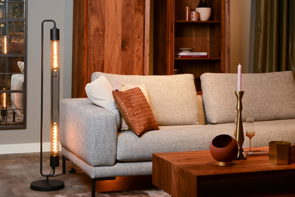 Lucide CALIXT gulvlampe, 2xE27 fatninger, 220-240V, dæmpbar, Sort metal, moderne design, IP20, 1300mm højde