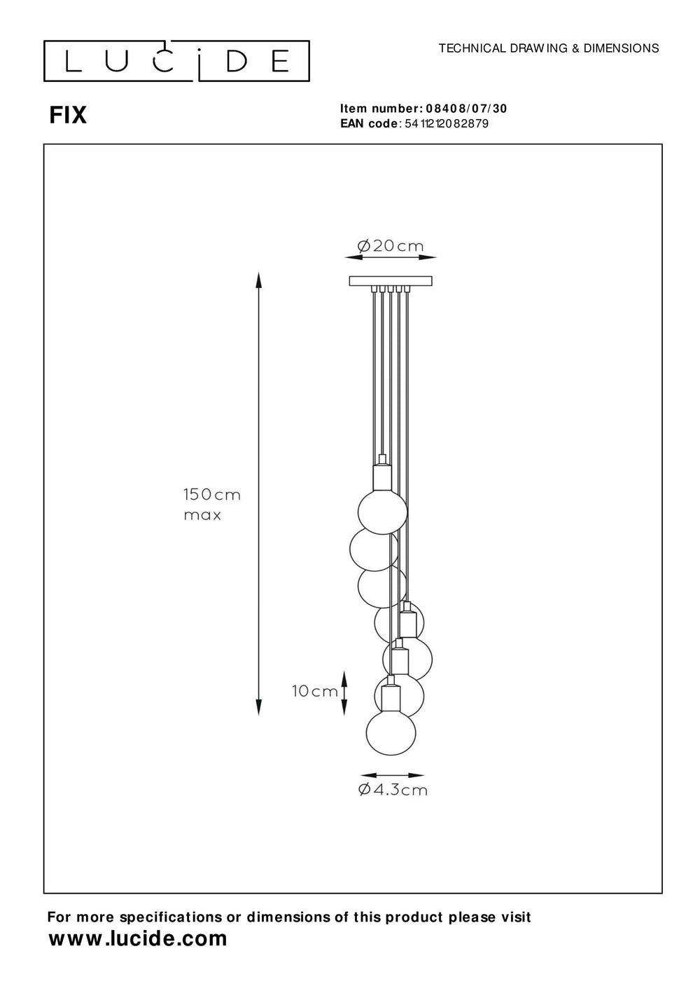 Lucide FIX moderne hængelampe, 7xE27 fatninger, Sort rundt metaldesign, justerbar højde, IP20, 220-240V