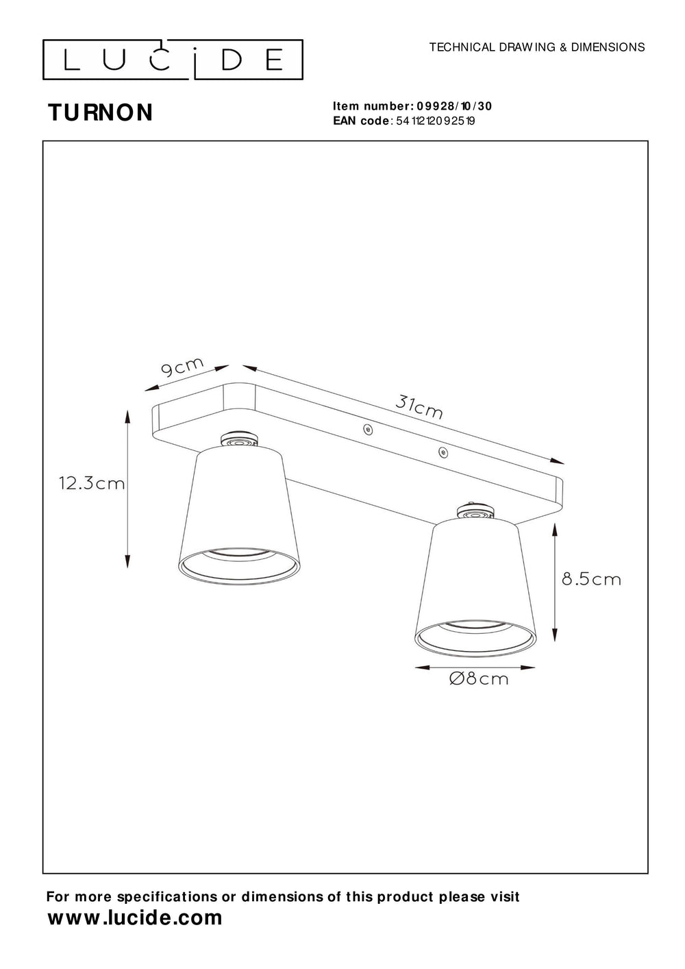 Lucide TURNON LED loftspot, 2x5W GU10, dim to warm 2200K-3000K, Sort Aluminium, IP20