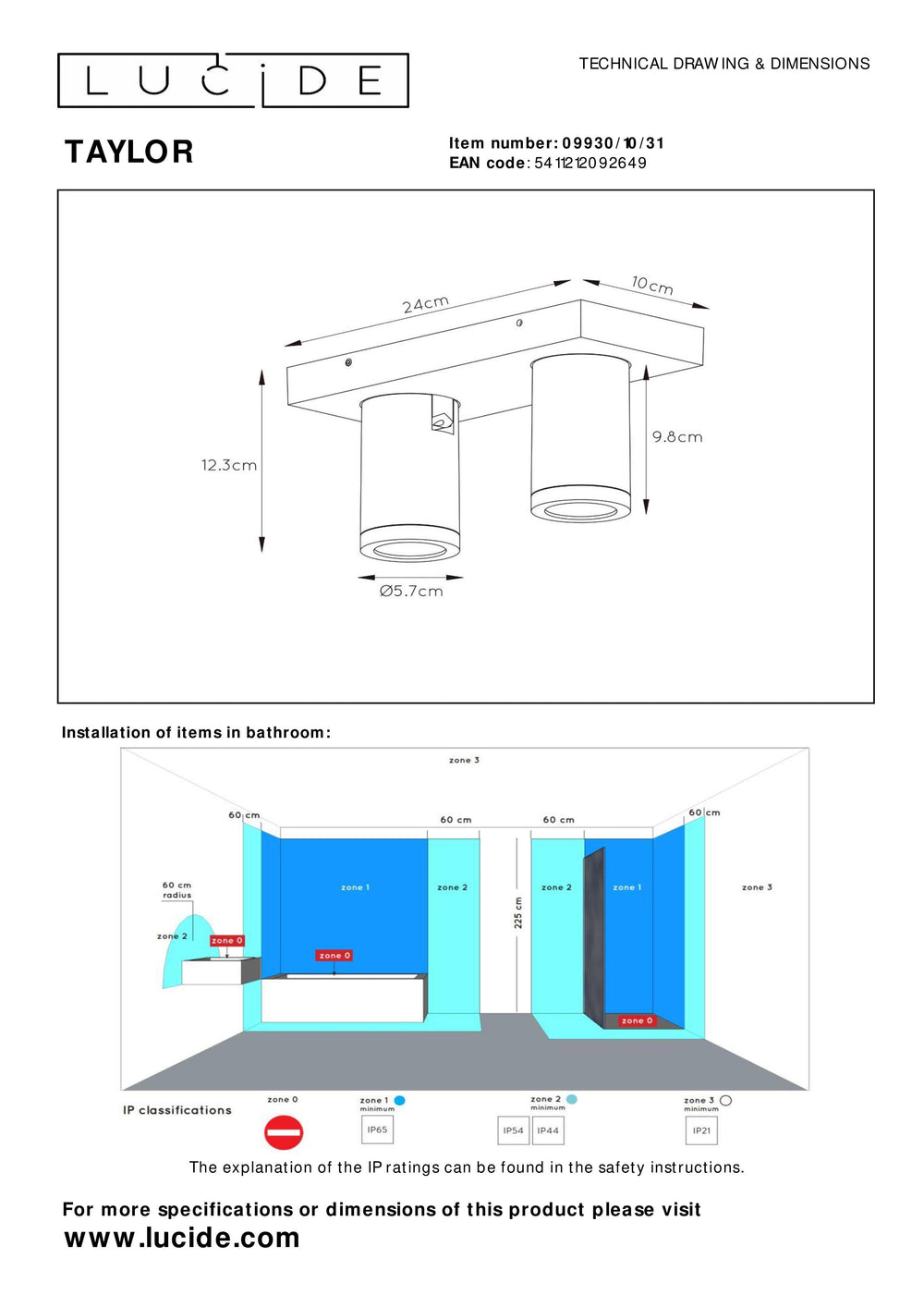 Lucide TAYLOR LED badeværelses loftspot, 2x5W GU10, 2200K-3000K dim to warm, IP44 Sandhvid