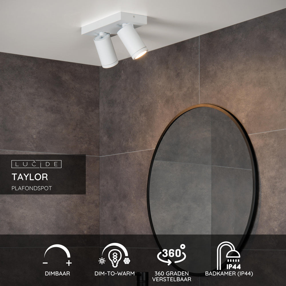 Lucide TAYLOR LED badeværelses loftspot, 2x5W GU10, 2200K-3000K dim to warm, IP44 Sandhvid
