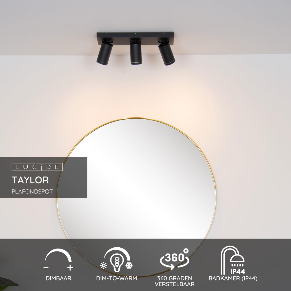 Lucide Taylor LED loftspot til badeværelse, 3x5W GU10 dim to warm 2200K-3000K, IP44, Sand Sort