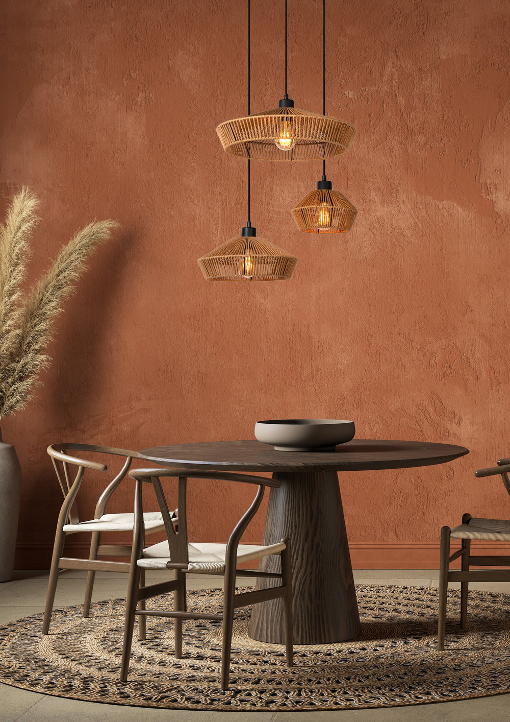 Lucide YUNKAI hængelampe Ø60cm, 3xE27, naturlig papirlampeskærm, sort loftplade, skandinavisk stil, IP20