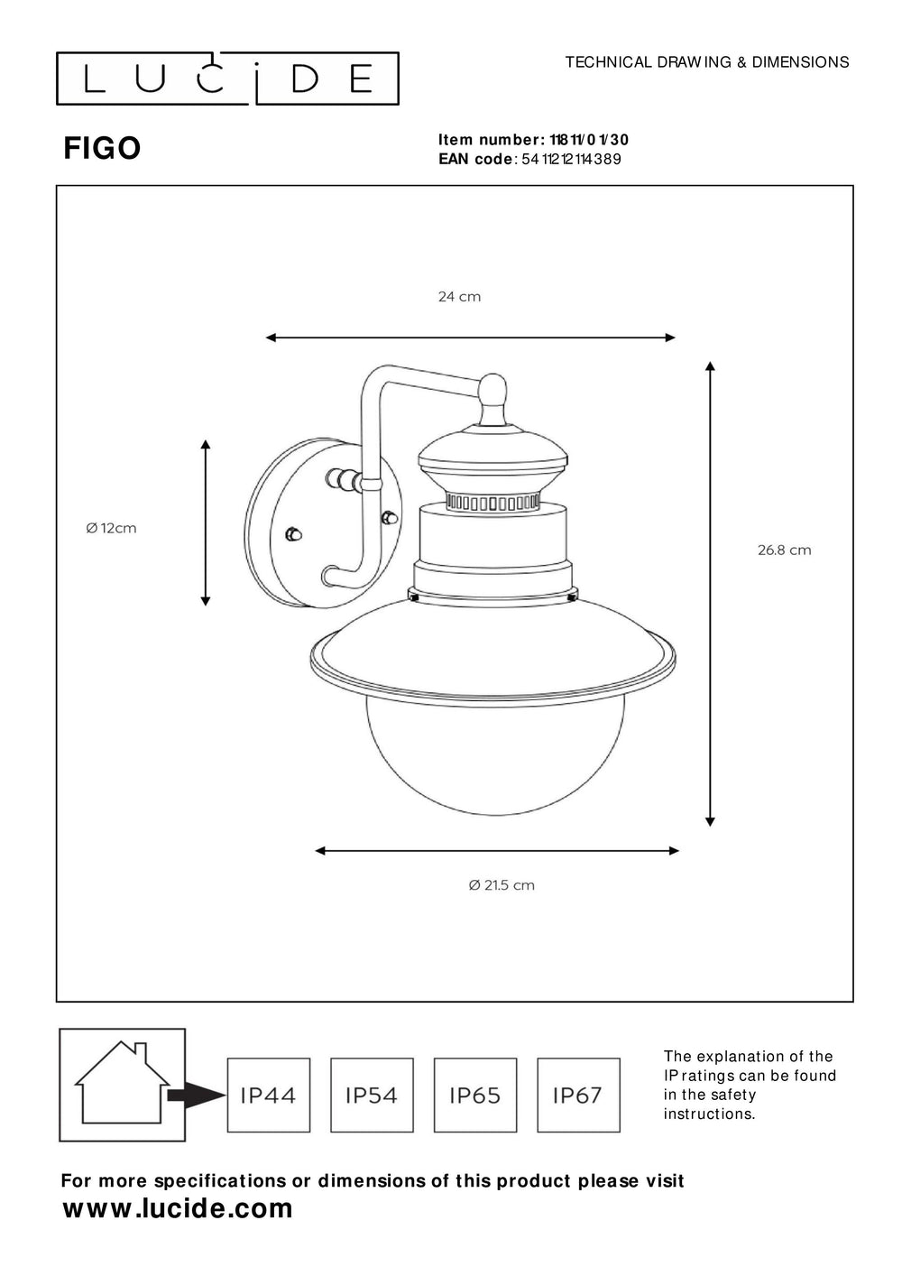 Lucide FIGO udendørs væglampe, rund 215mm, E27 fatning, IP44 Sort stål aluminiumshus
