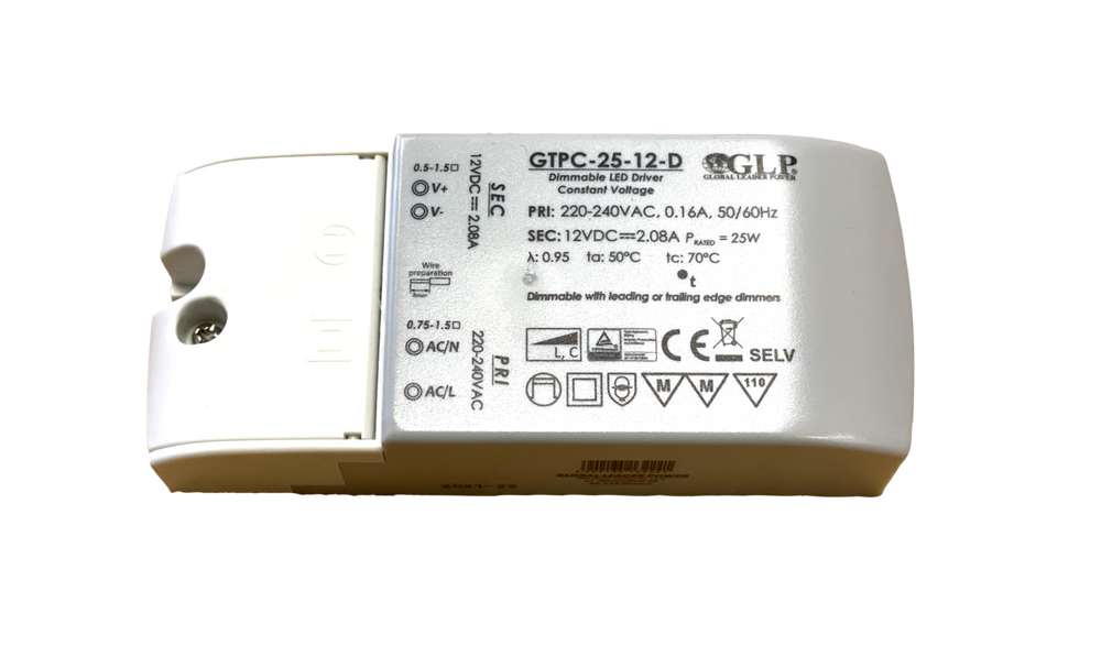 GLP LED strømadapter 12V 25W 2.08A dæmpbar driver til 12V LED belysning, IP20, CE RoHS certificeret