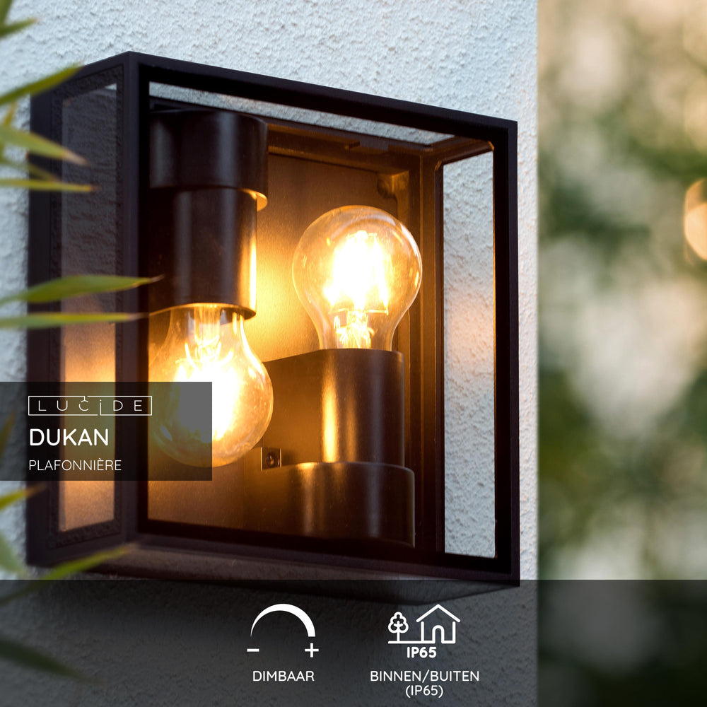 Lucide DUKAN LED loftlampe Sort, 2xE27, IP65, trykstøbt aluminium, 220x220mm indendørs udendørs