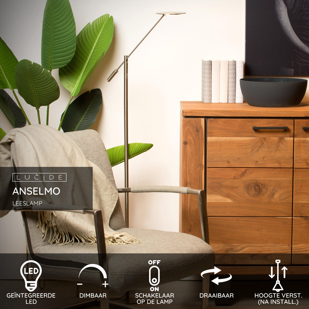 Lucide ANSELMO LED læselampe til gulv, dæmpbar 9W 3000K, 100-240V, IP20, metal, satin nikkel finish