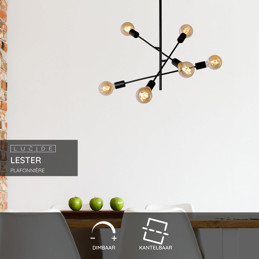 Lucide LESTER loftlampe, 6xE27 fatninger, 220-240V, dæmpbar, moderne metaldesign i Mat Sort, IP20