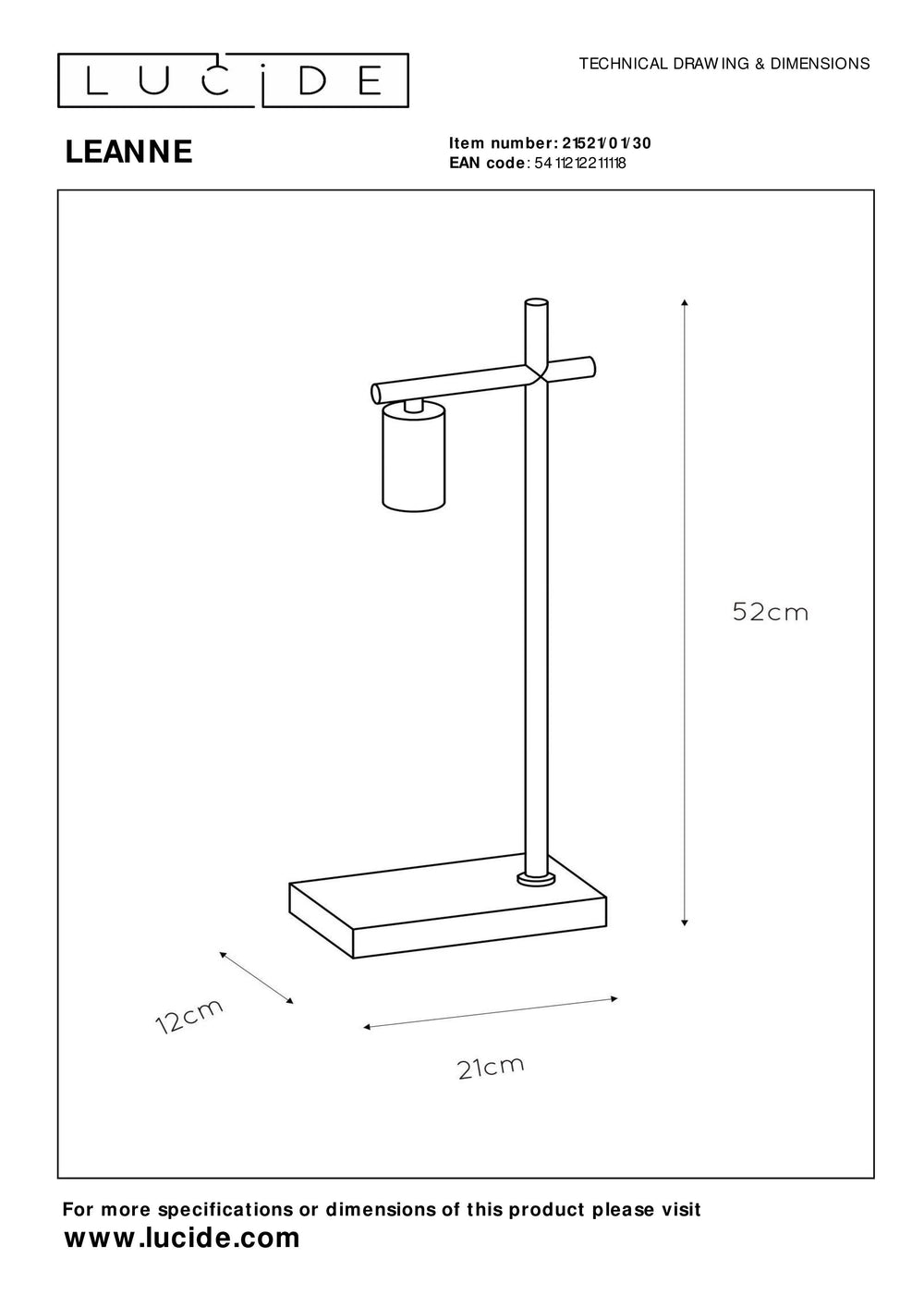 Lucide LEANNE bordlampe, E27 fatning, maks. 40W, 220-240V, IP20, moderne mat sort metal, 52 cm højde