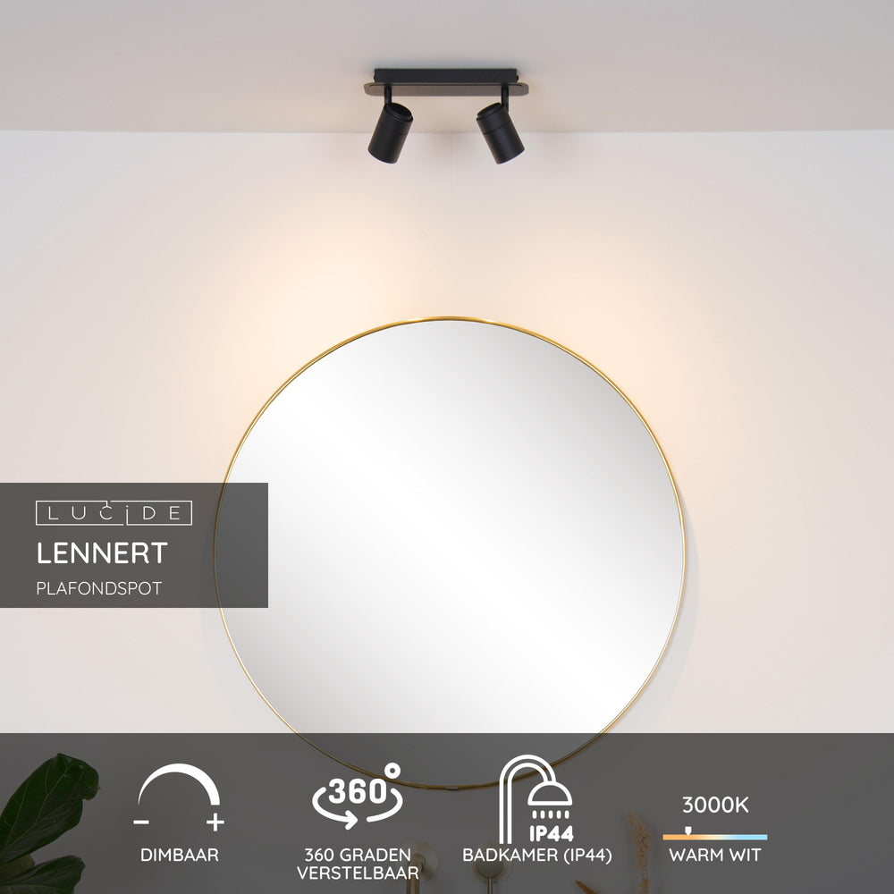 Lucide LENNERT LED badeværelses loftsspot, 2x5W GU10 dæmpbar, 3000K, IP44, Sand Mat Sort