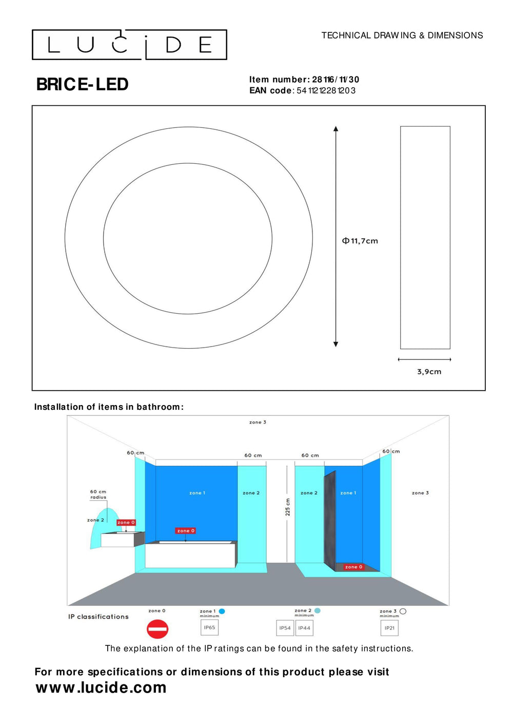 Lucide BRICE LED badeværelses loftlampe, rund 8W dæmpbar 3000K IP44 Mat Sort Ø117mm