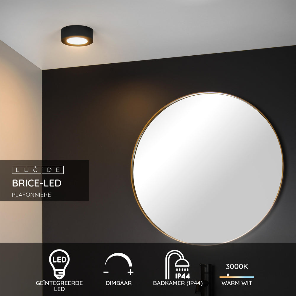 Lucide BRICE LED badeværelses loftlampe, rund 8W dæmpbar 3000K IP44 Mat Sort Ø117mm
