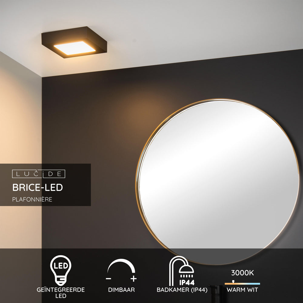 Lucide BRICE LED badeværelses loftlampe, dæmpbar 15W 3000K, IP44, firkantet mat sort finish