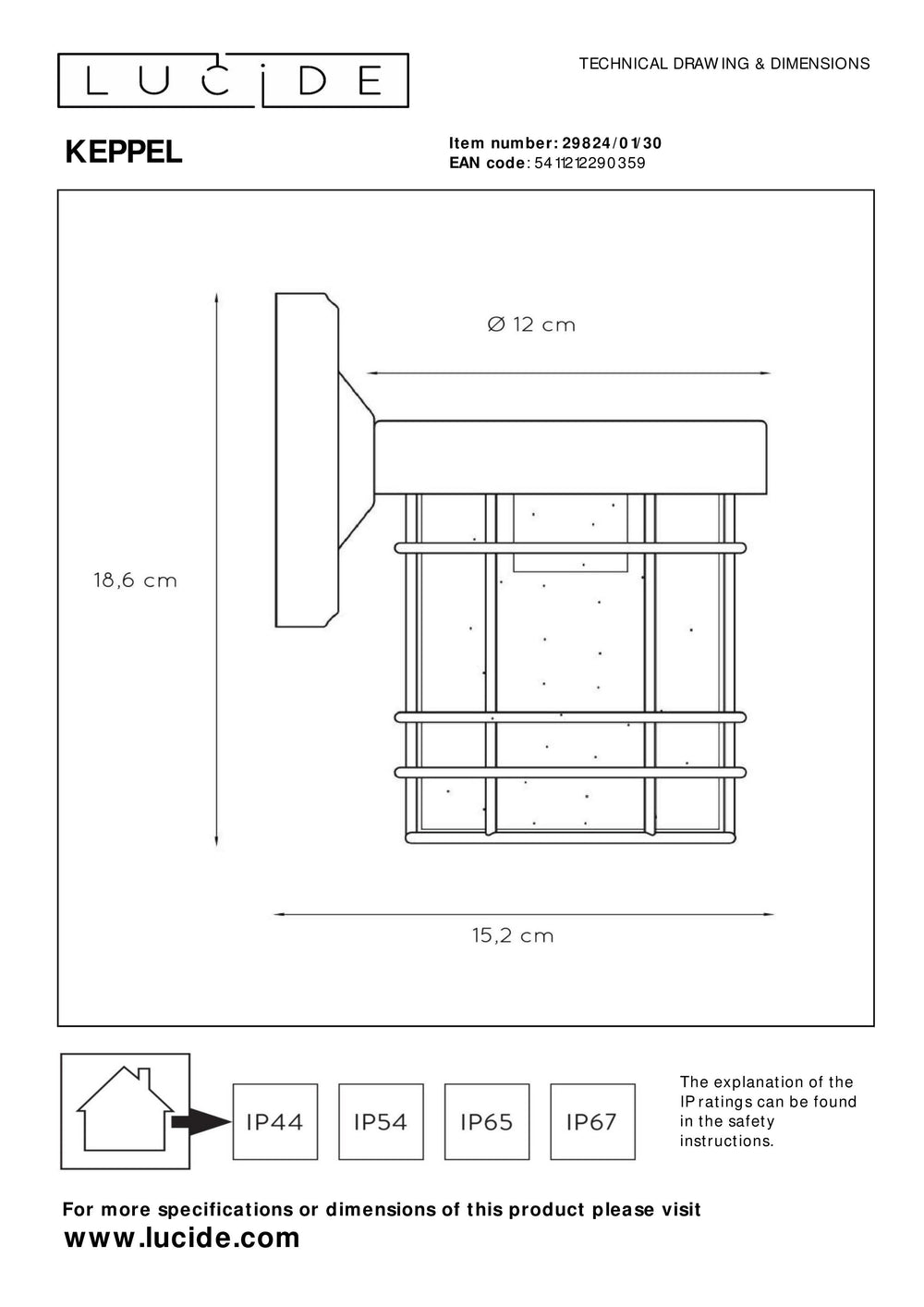 Lucide KEPPEL væglampe indendørs udendørs E27 fatning IP44 Mat Sort metal 220-240V 60W
