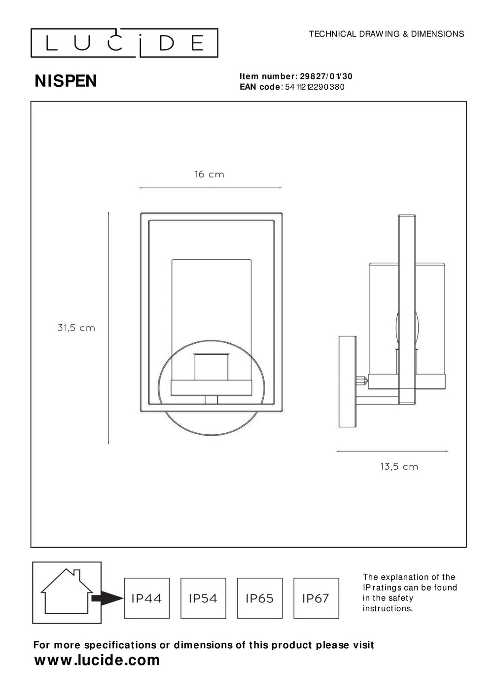 Lucide NISPEN væglampe Sort, 1xE14 fatning, maks. 40W, IP44 udendørs indendørs metalarmatur 220-240V