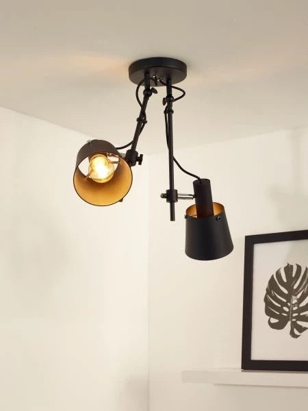 Lucide QUINNY ceiling spotlight 2xE27 Black steel, rotatable tiltable, IP20 indoor industrial style lighting