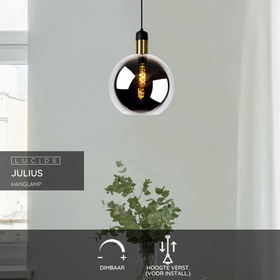 Lucide JULIUS pendant light Ø28cm smoke glass black wood gold metal E27 40W dimmable IP20 220-240V