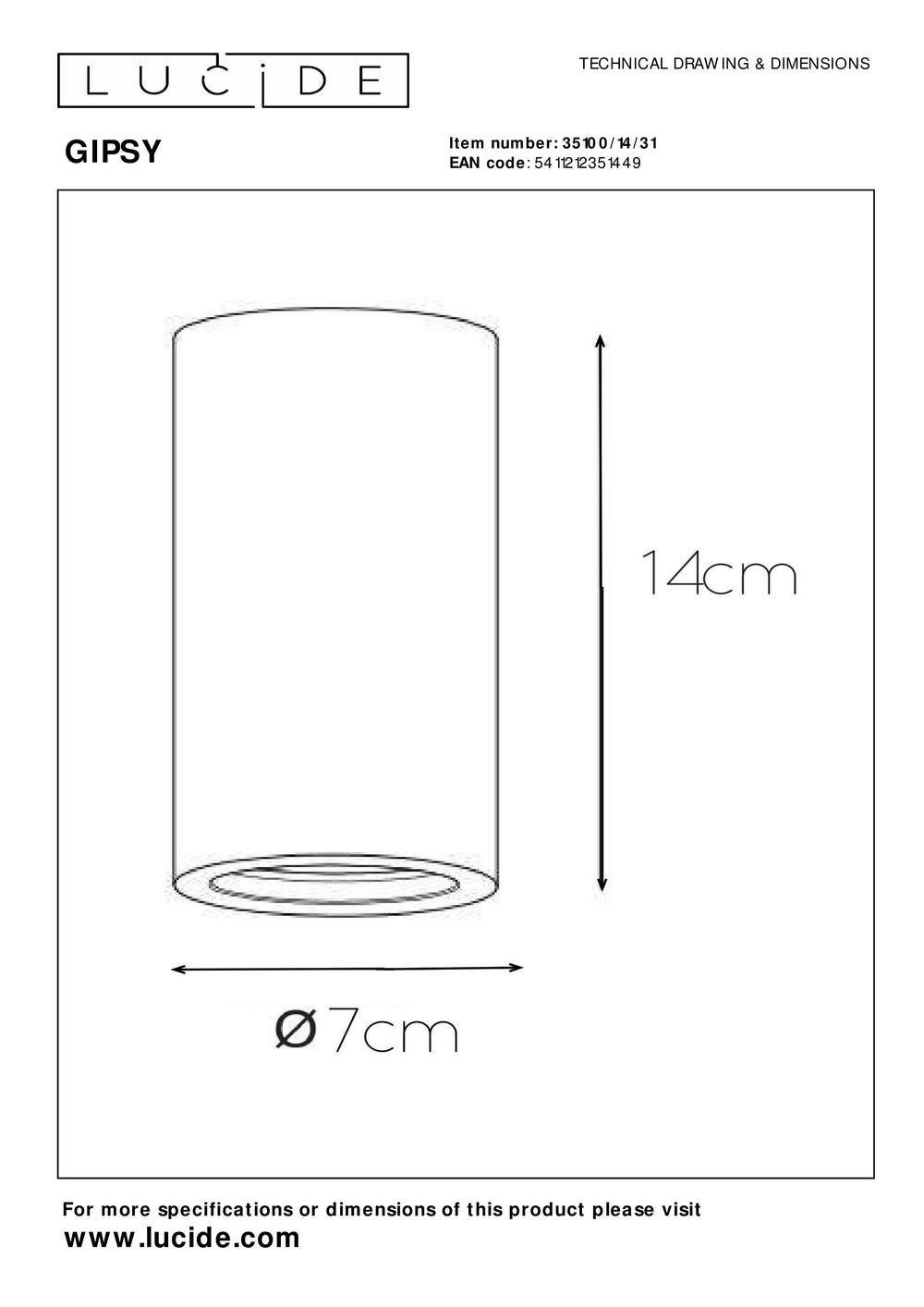 Lucide Gipsy loftspot, 1xGU10, 220-240V, IP20, Hvid gips, cylindrisk moderne design Ø7cm