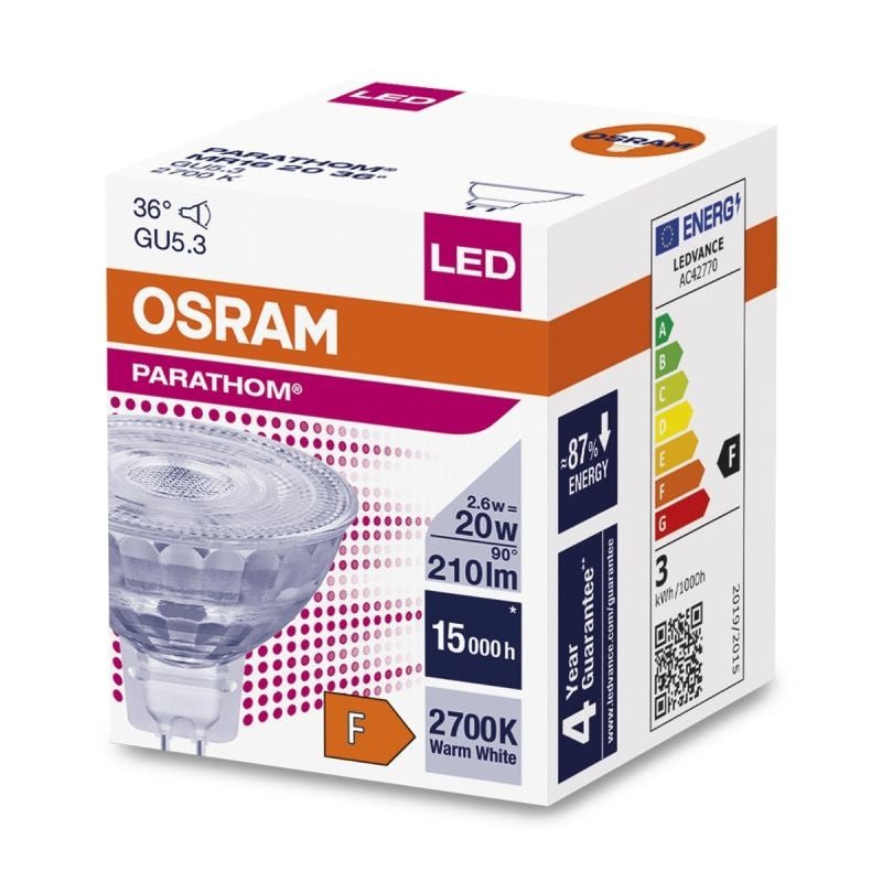 Osram LED spot GU5.3 MR16 2.6W 230 lumen, 3000K, IP20, 36° strålevinkel