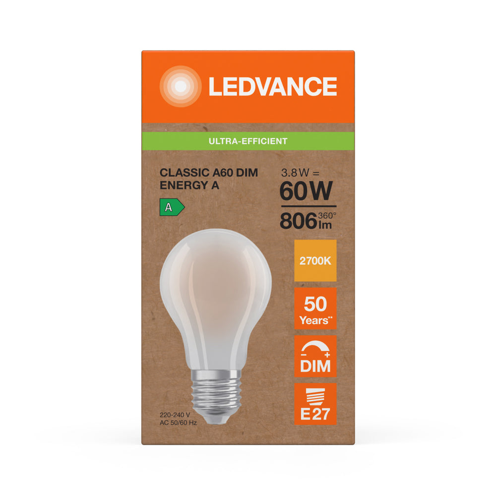 Ledvance LED Classic A60 Frosted E27 Dimmable 3.8W 2700K 806 lumens Warm White Energy Class A