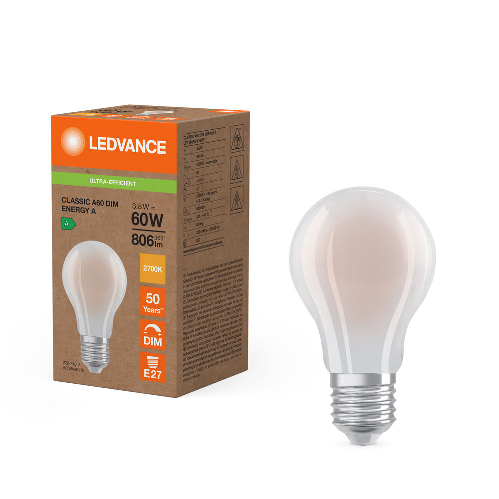 Ledvance LED Classic A60 Frosted E27 Dimmable 3.8W 2700K 806 lumens Warm White Energy Class A