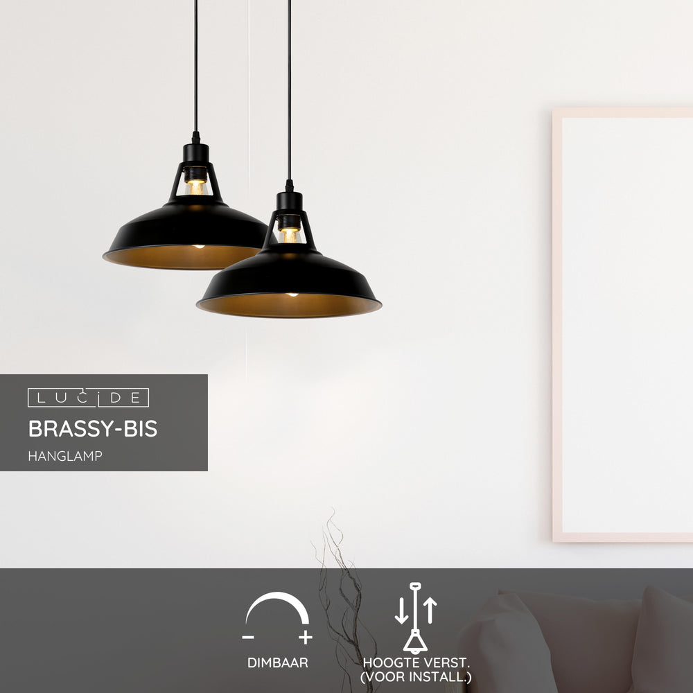 Lucide BRASSY-BIS hanging lamp Black, 1xE27 socket, adjustable height, round metal shade Ø31cm, IP20