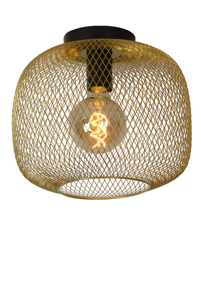 Lucide MESH loftlampe 30cm metalcylinder, E27 fatning, Mat Sort med Guld finish, IP20 vintage stil