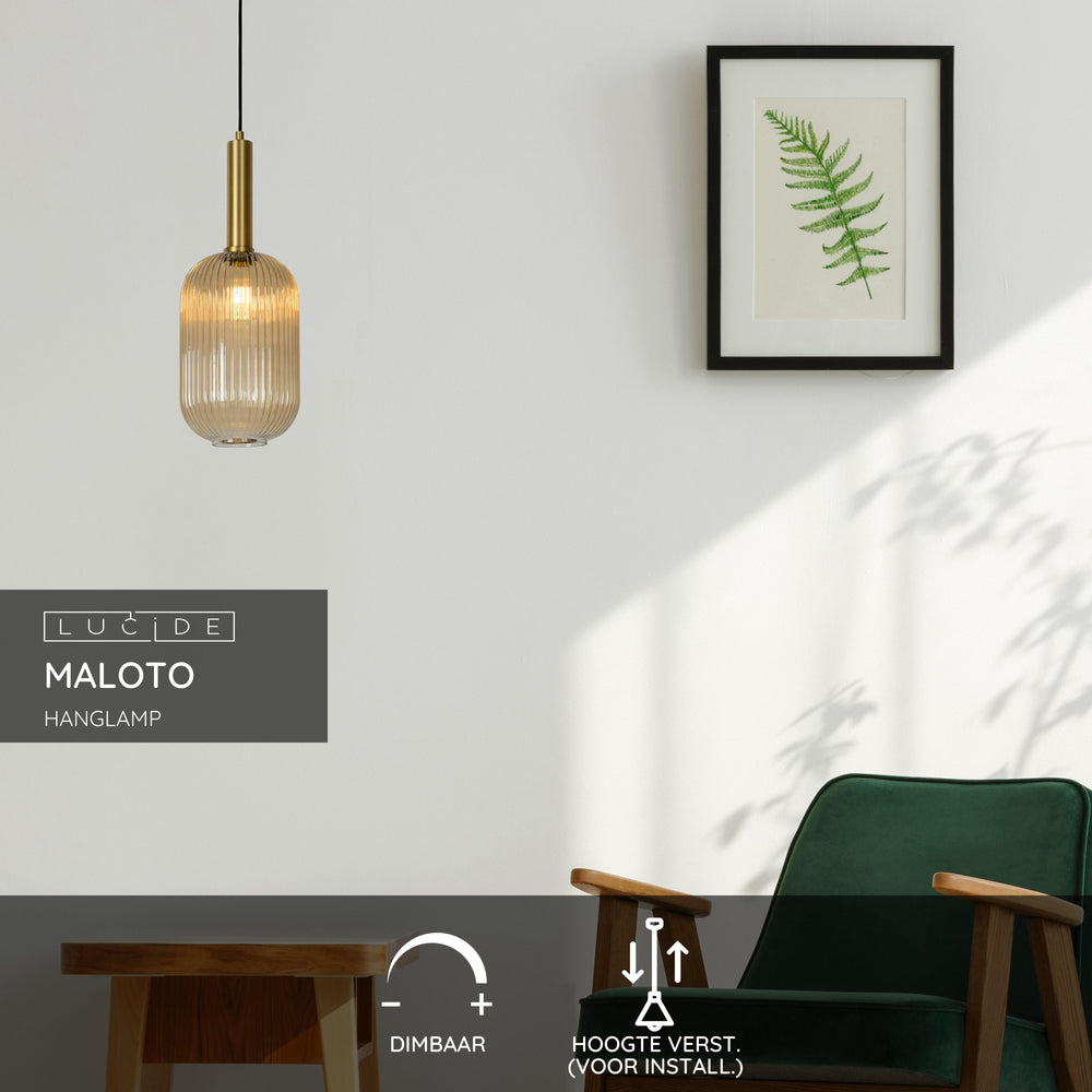 Lucide MALOTO vintage pendellampe, 1xE27, maks. 40W, ravfarvet glas, bronzefinish, højdejusterbar, IP20