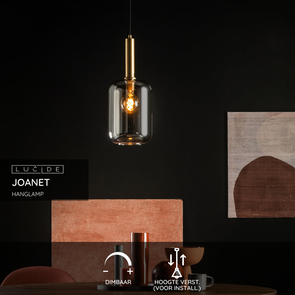 Lucide JOANET hanging lamp Ø22cm, 1xE27 socket, bronze with fumé glass, height adjustable, IP20