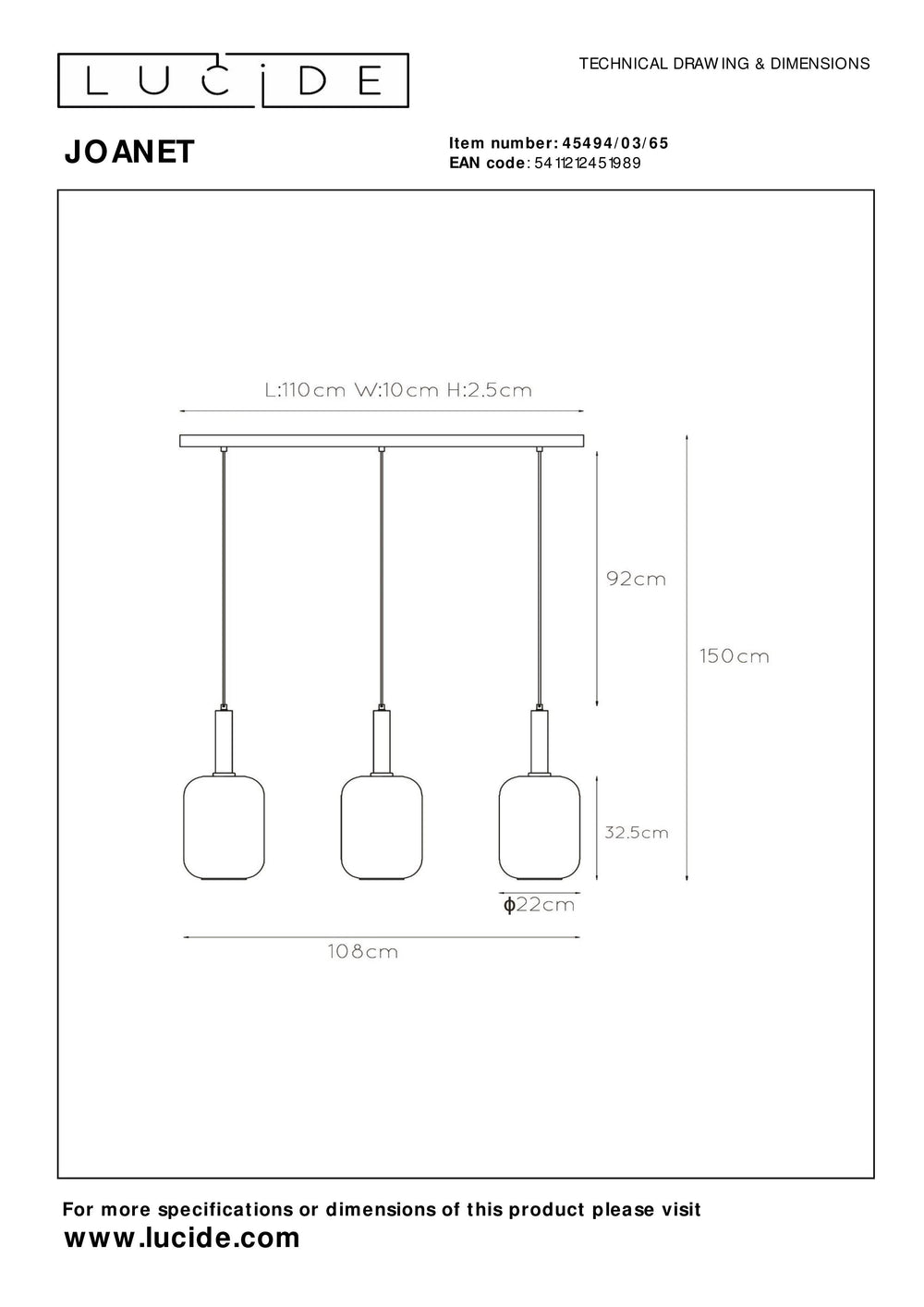 Lucide JOANET hængelampe 3xE27 røgfarvede glasskærme, mat guld finish, højdejusterbar, dæmpbar, IP20 indendørs