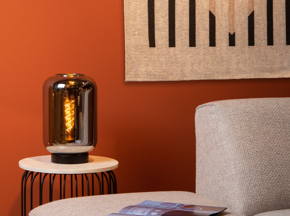 Lucide JOANET bordlampe 1xE27 Røgfarvet glas moderne design med sort metalfod Ø22cm IP20