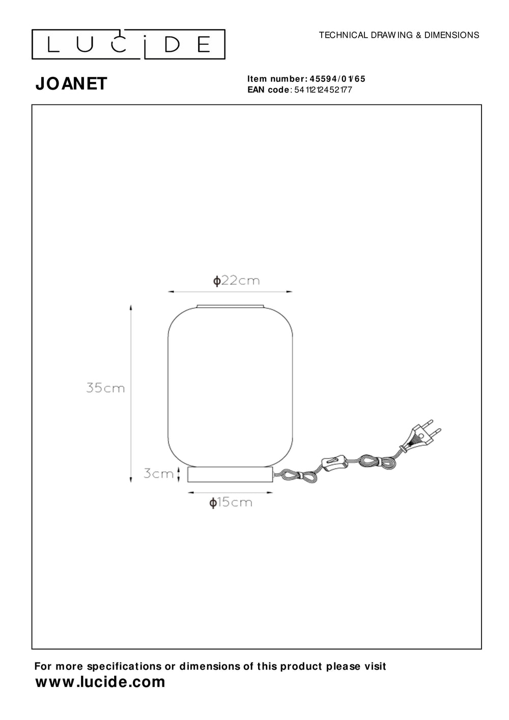 Lucide JOANET bordlampe 1xE27 Røgfarvet glas moderne design med sort metalfod Ø22cm IP20