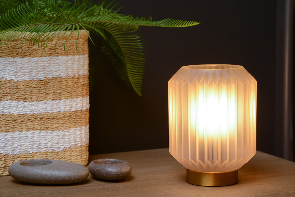 Lucide SUENO bordlampe Ø13cm E14 fatning Hvidt glas med base i guldstål moderne design indendørs IP20