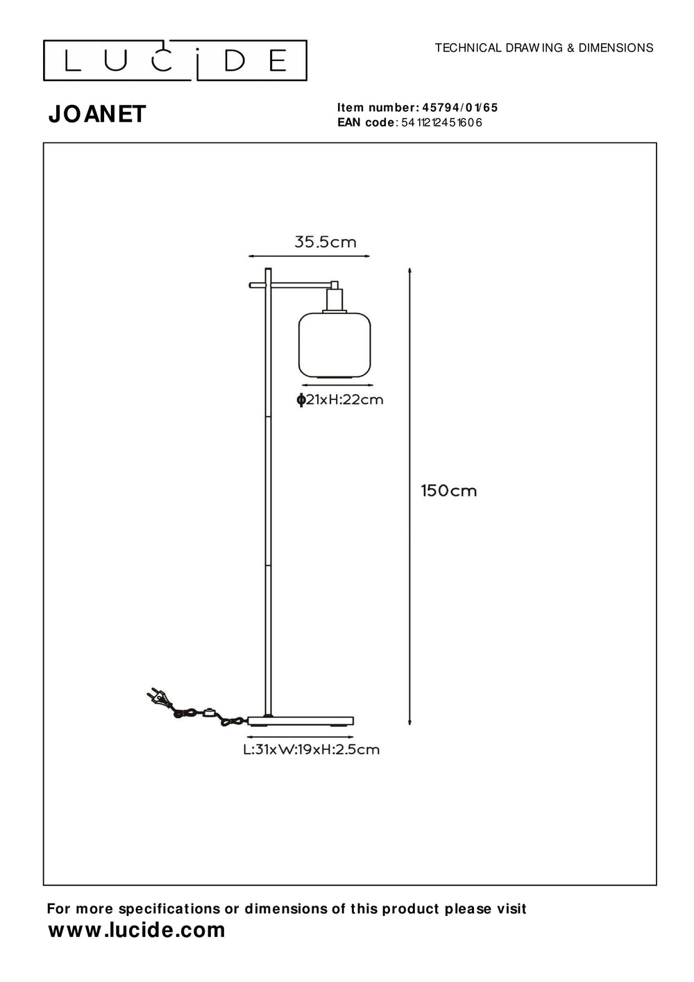Lucide Joanet gulvlampe Røget glas moderne design med E27 fatning, Sort stålbase, IP20 indendørs brug