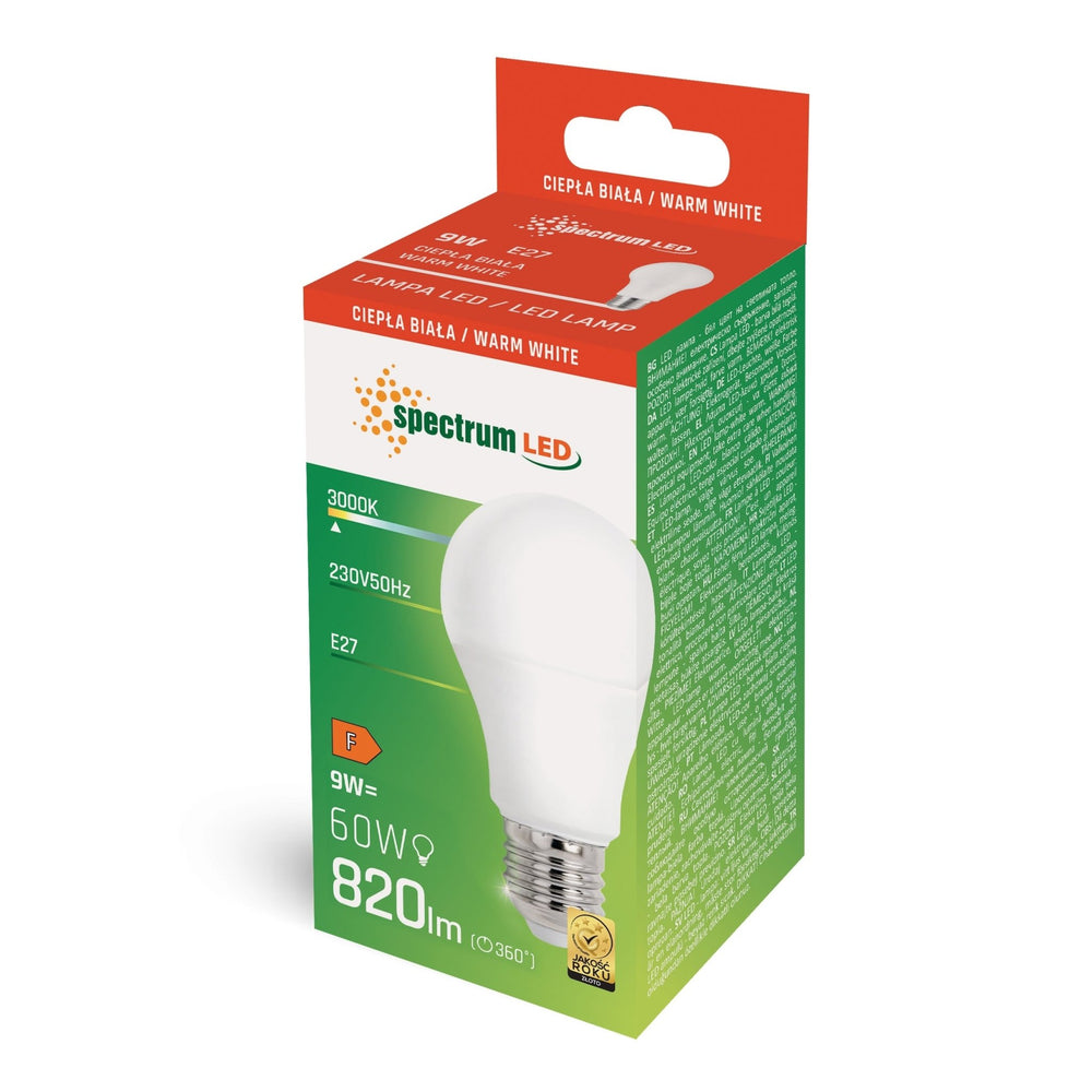 Spectrum LED A60 9W E-27 varm hvid lampe 3000K, 820 lumen, IP20, ikke dæmpbar, 230V, CRI &gt;80, 270° lysvinkel