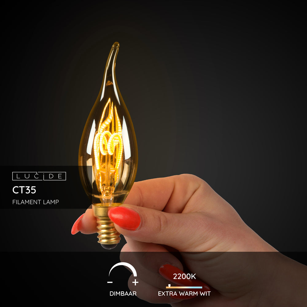 Lucide CT35 LED filament candle bulb E14 3W 2200K dimmable Amber glass 165 lumens IP20 vintage style