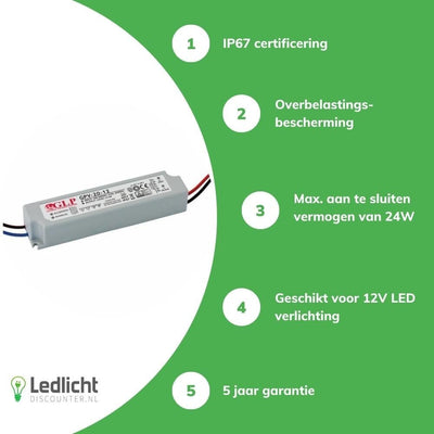 Led strømforsyningsadapter 12V 24W 2A vandtæt IP67 til 12V led belysning