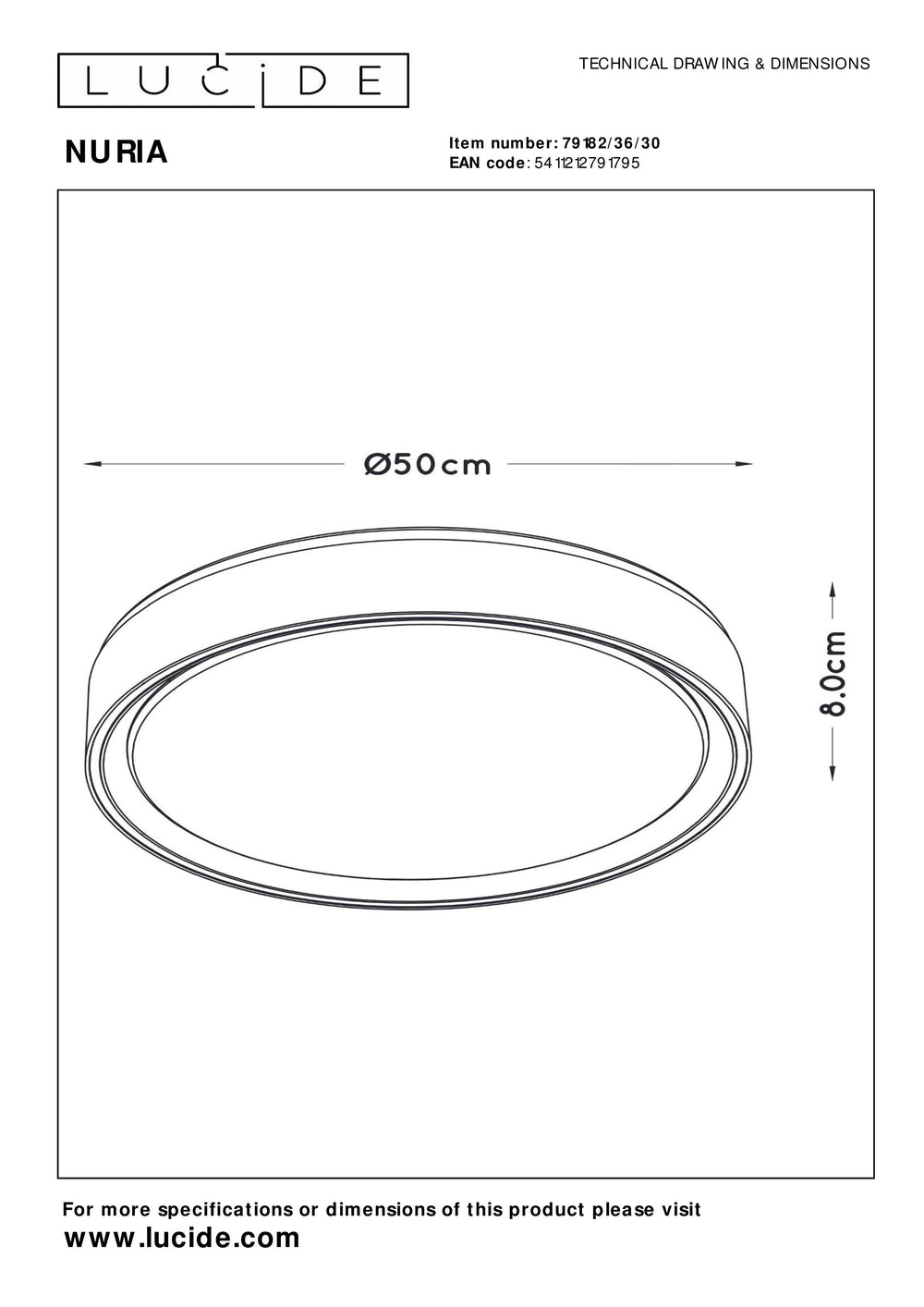 Lucide NURIA LED loftlampe 36W 2700K 3-Trins Dæmp rund Ø50cm Sort moderne IP20