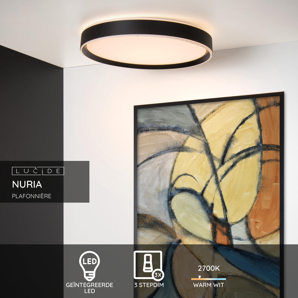Lucide NURIA LED loftlampe 36W 2700K 3-Trins Dæmp rund Ø50cm Sort moderne IP20