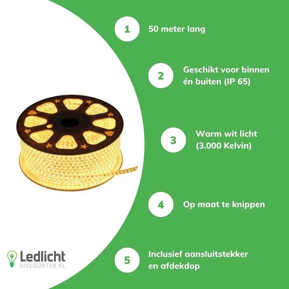 Tsong LED-lysbånd 50m 3000K varm hvid, 1521 lumen, IP20, Philips chip, 220-240V, 120° strålevinkel