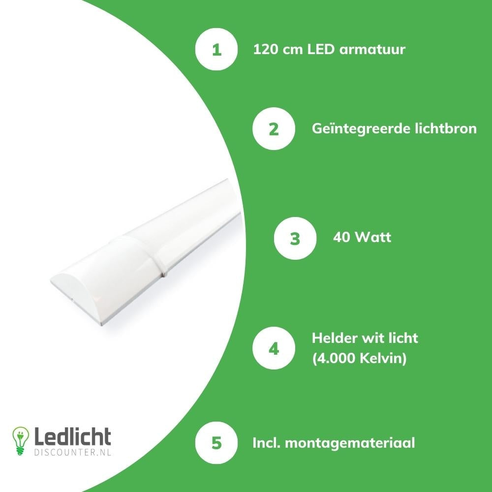 Aigostar LED armatur 120cm 40W 4000K koldt hvidt lys IP20 Philips chip CRI 80 CE RoHS inkl montering