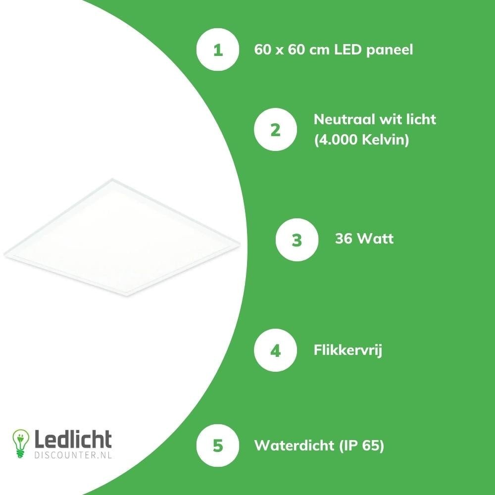 led panel 60x60cm ip65 fugtbestandig 36w 4320 lumen 4000k kølig hvid ugr22 opal