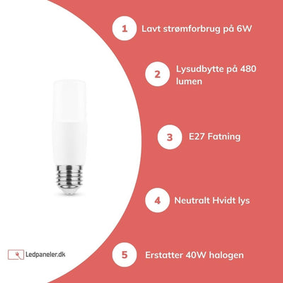 Aigostar LED stavpære E27 T35 6W erstatter 40W 4000K neutral hvid, flimmerfri, Ra80, IP20, CE RoHS