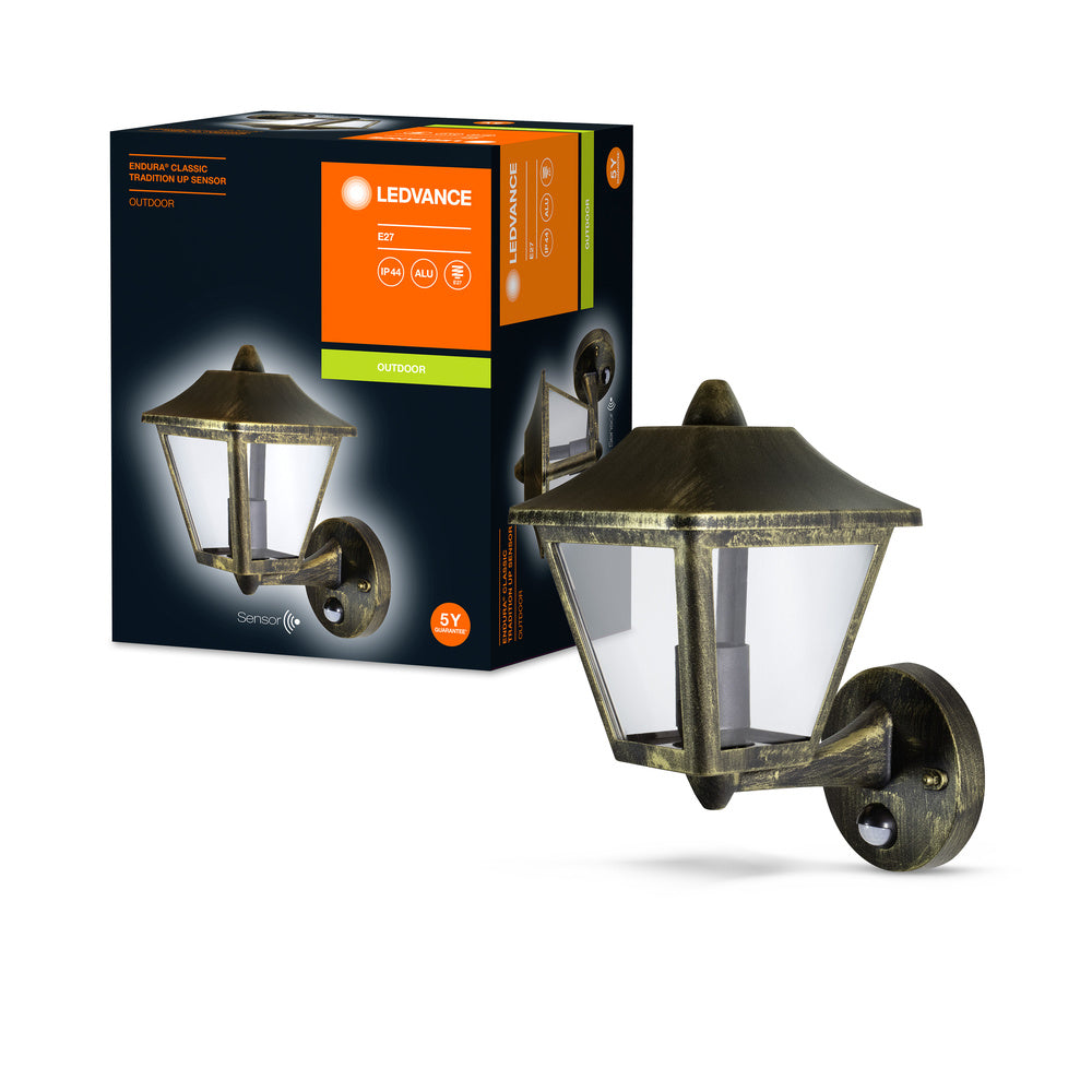 Ledvance ENDURA Classic Tradition Up Sensor Wall Light E27 Gold Black Outdoor IP44 Die-cast Aluminum