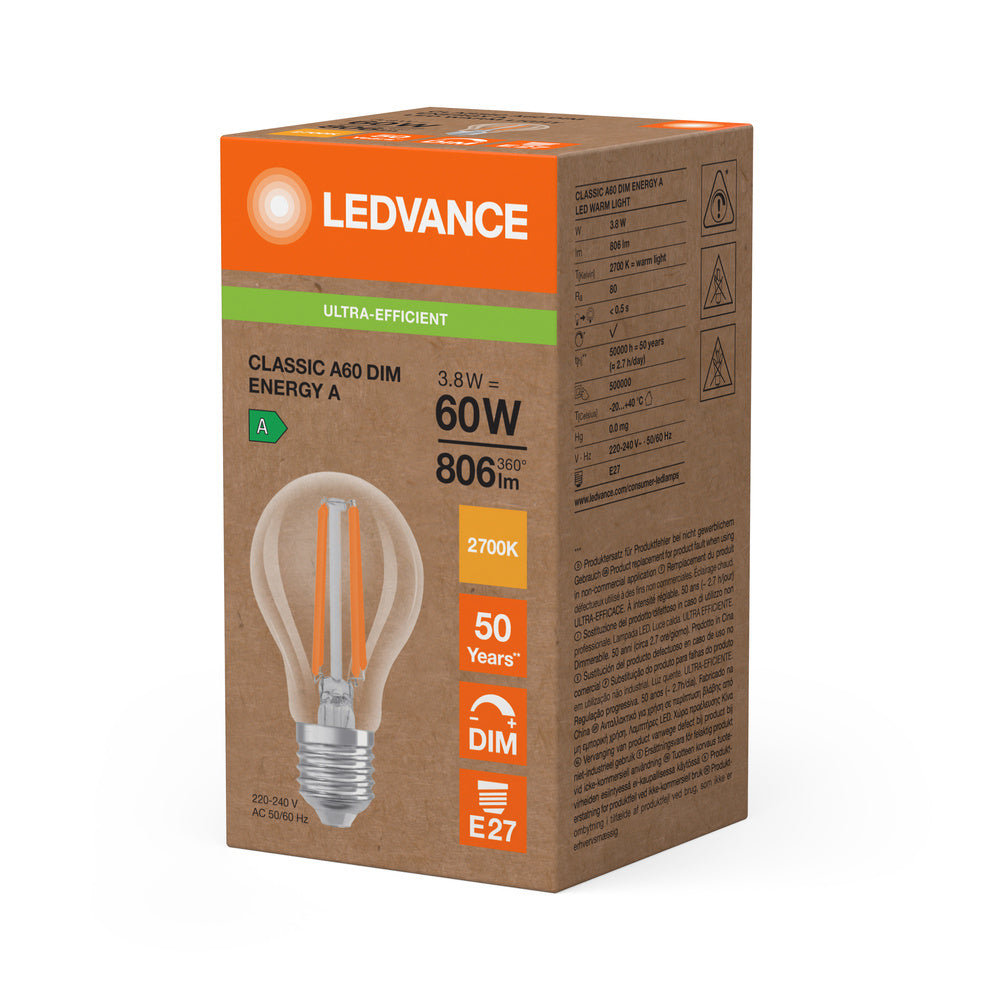 Ledvance LED Classic A E27 Varm Hvid 2700K 3.8W dæmpbar klar pære 806 lumen 220-240V IP20 50000h