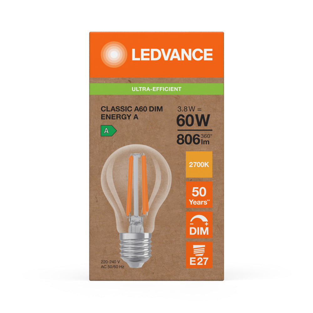 Ledvance LED Classic A E27 Warm White 2700K 3.8W dimmable clear bulb 806 lumens 220-240V IP20 50000h